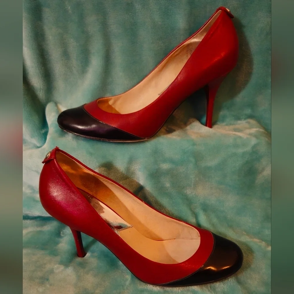 Michael Kors Red and Black Leather Round Toe High Heel Pumps - Size 8.5